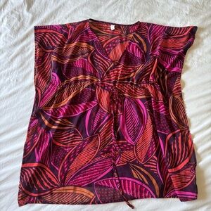 Old Navy Swimsuit Beach Cover Up Orange and Pink Leaves Tunic Pull Over size S